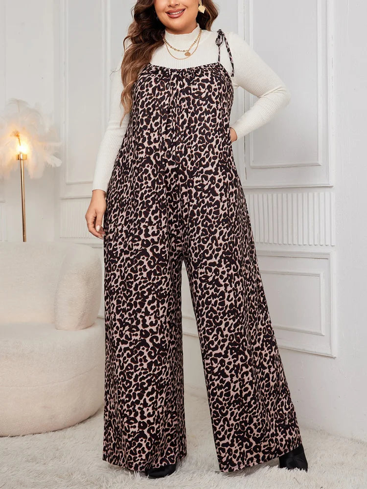 Rose Leopard Print Tie Shoulder Jumpsuits