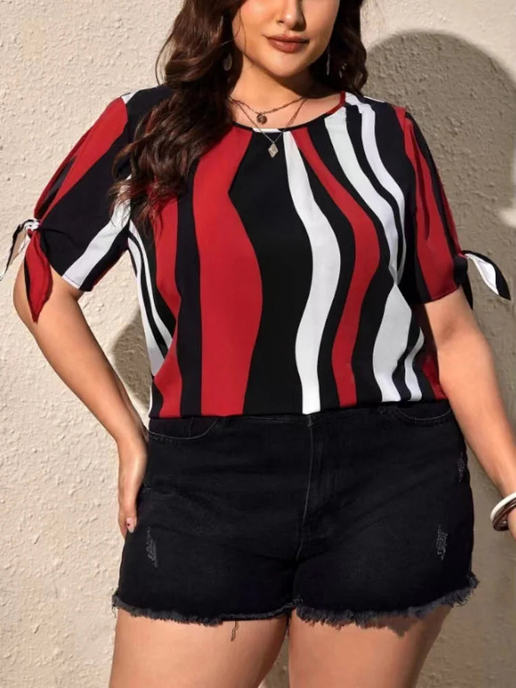 GIBSIE Striped Short Sleeve Slit Tie O-Neck