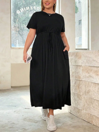 GIBSIE Plus Size Solid Knot Front O-Neck Dress