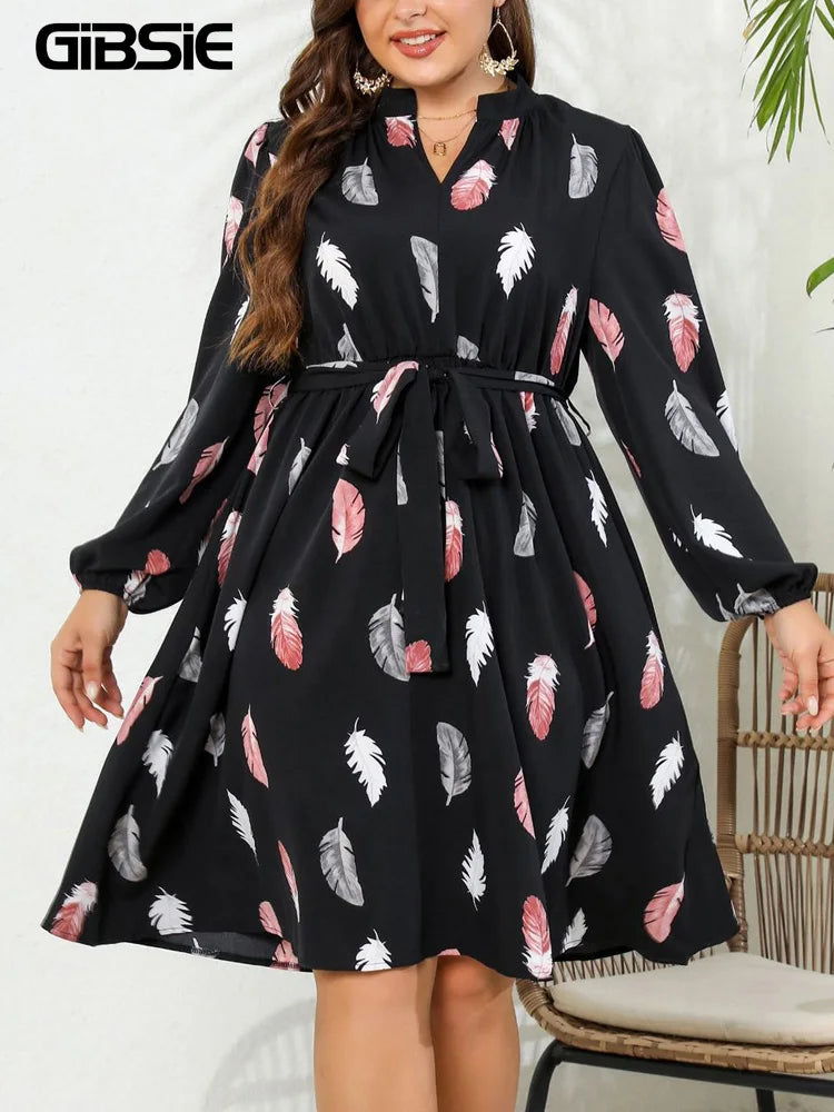 Rose Feather Print Casual Belted Dress