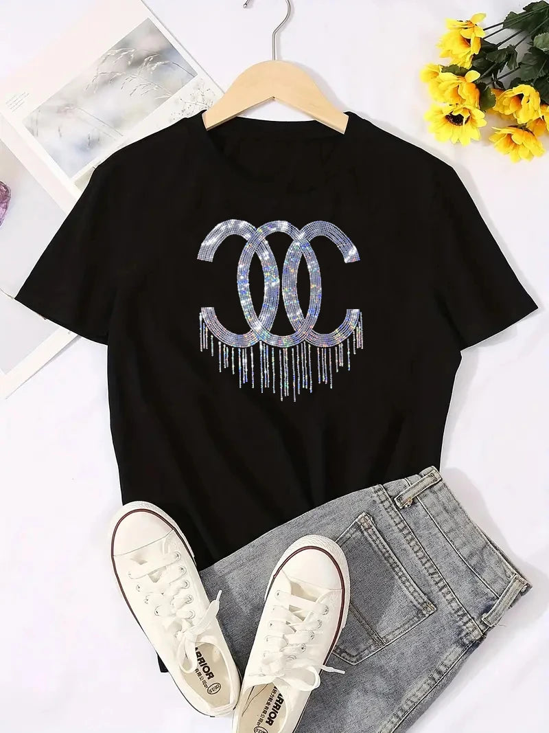 Rose Sequins T-shirt Short Sleeve O-neck Elastic Loose Tees