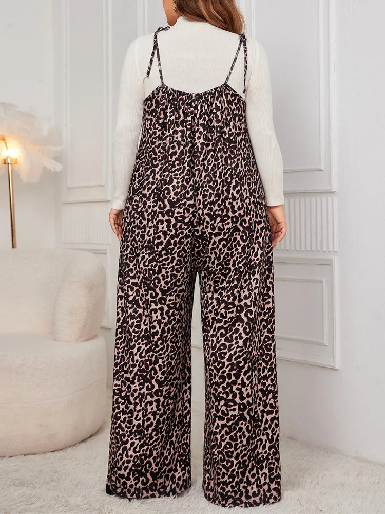 Rose Leopard Print Tie Shoulder Jumpsuits