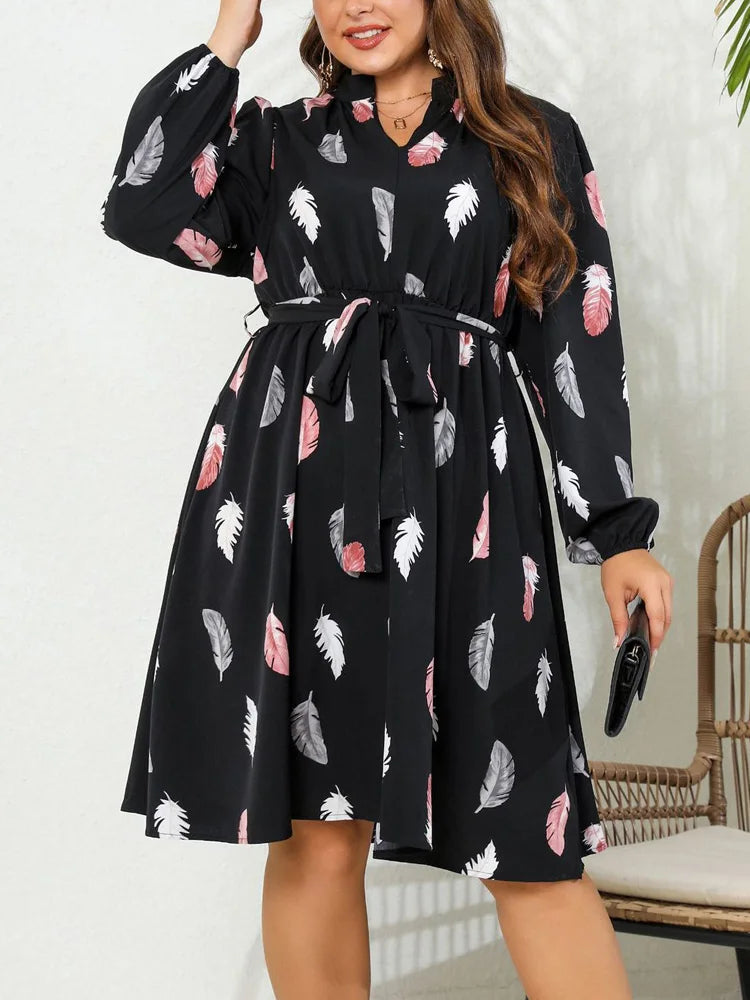 Rose Feather Print Casual Belted Dress