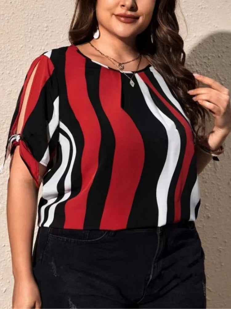 GIBSIE Striped Short Sleeve Slit Tie O-Neck