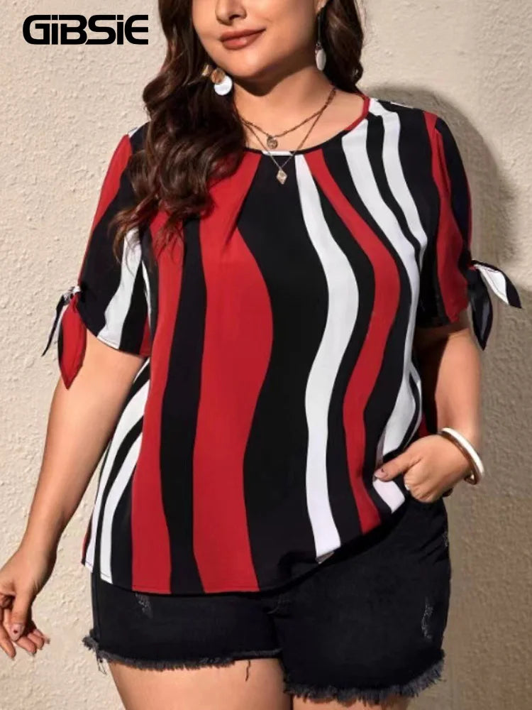 GIBSIE Striped Short Sleeve Slit Tie O-Neck