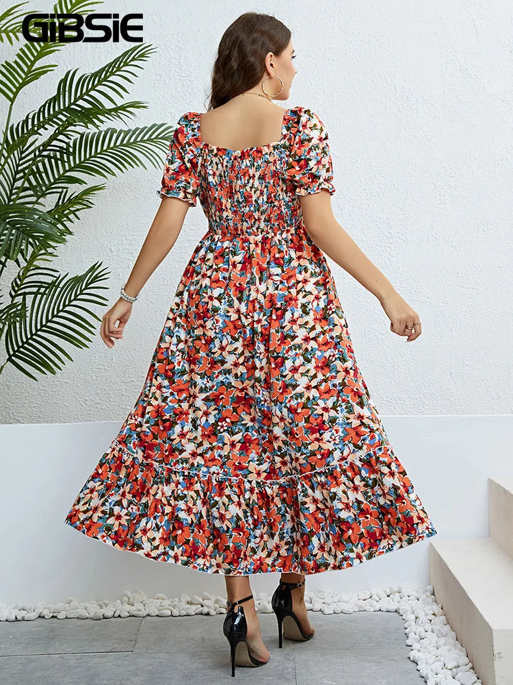 GIBSIE Floral Print Square Neck Puff Sleeve Dress