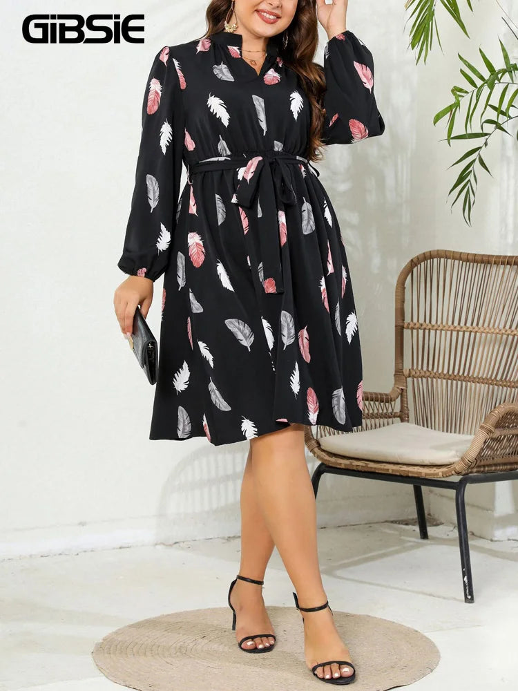 Rose Feather Print Casual Belted Dress