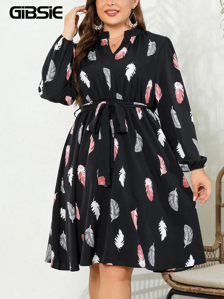 Rose Feather Print Casual Belted Dress