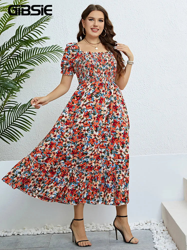 GIBSIE Floral Print Square Neck Puff Sleeve Dress