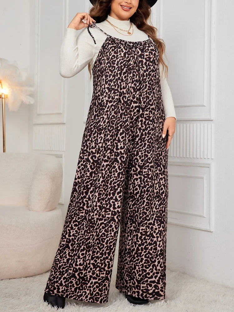 Rose Leopard Print Tie Shoulder Jumpsuits