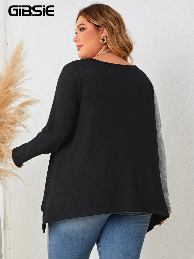 Plus Size Notch O-Neck Colorblock Patchwork