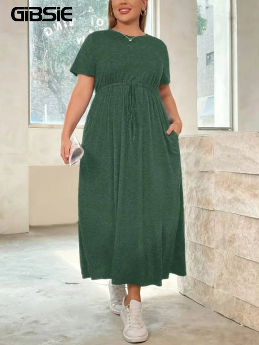 GIBSIE Plus Size Solid Knot Front O-Neck Dress