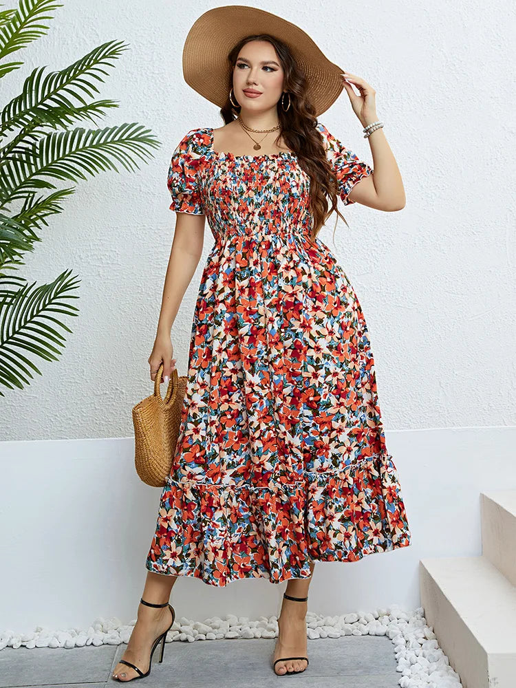 GIBSIE Floral Print Square Neck Puff Sleeve Dress