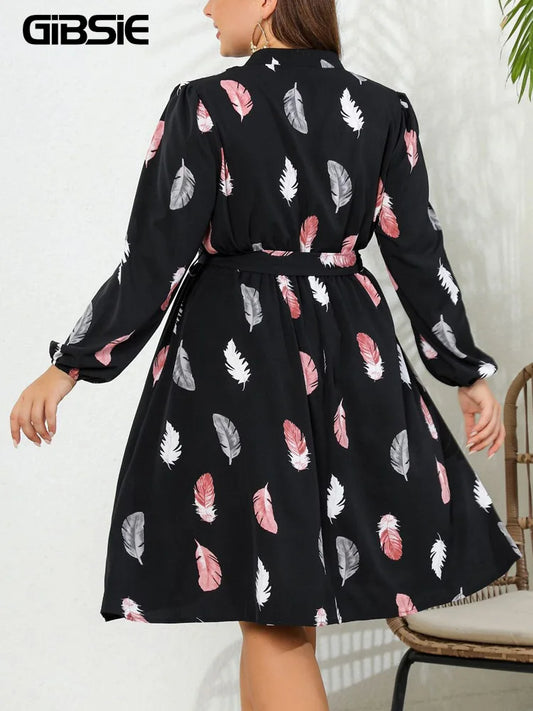 Rose Feather Print Casual Belted Dress