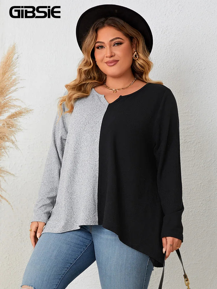 Plus Size Notch O-Neck Colorblock Patchwork