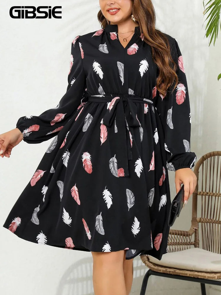 Rose Feather Print Casual Belted Dress